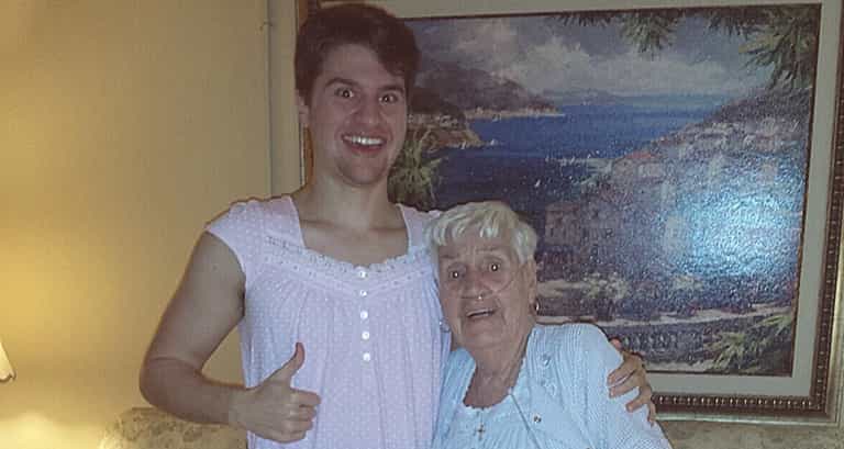 Goofy grandson makes granny giggle… by wearing one of her nightgowns Goofy grandson makes granny giggle… by wearing one of her nightgowns