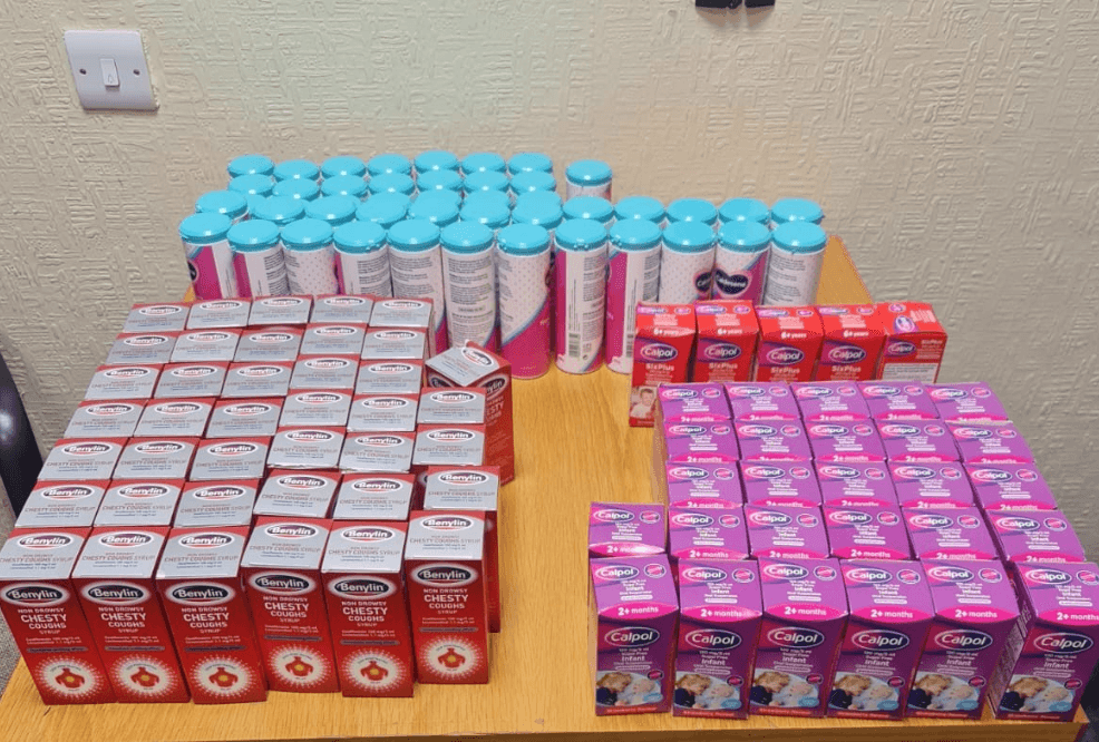 Gardaí find 40 stolen bottles of cough syrup and 32 bottles of Calpol in car