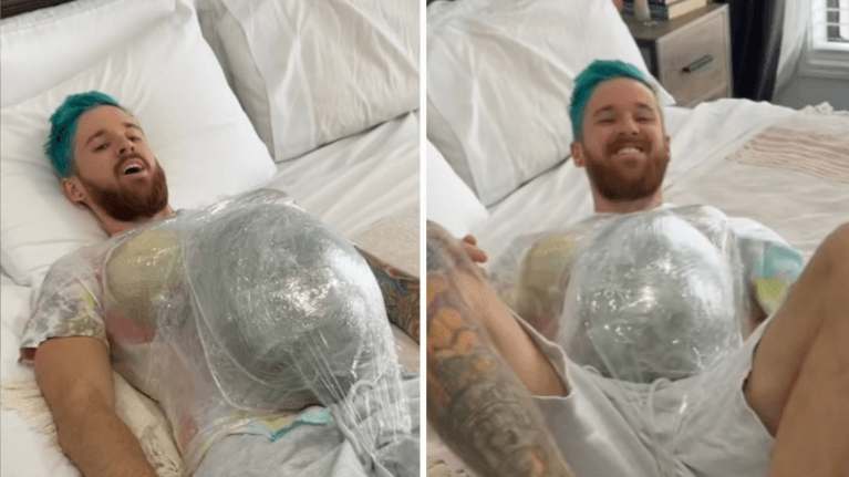 WATCH: Man ‘simulates’ being pregnant, can’t get out of bed
