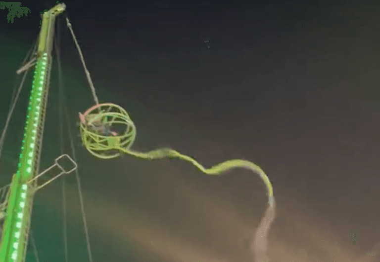 Terrifying moment Winter Wonderland slingshot ride snaps with people trapped inside