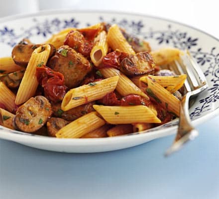 Speedy recipes to make in advance; tasty sausage, mushroom and tomato pasta Speedy recipes to make in advance; tasty sausage, mushroom and tomato pasta