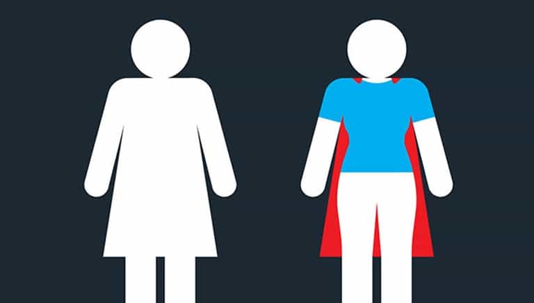Female icon on bathroom sign transformed into superhero Female icon on bathroom sign transformed into superhero