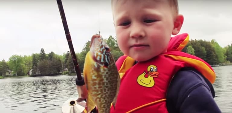 3-year-old catches his first fish. Isn’t quite sure what to do next 3-year-old catches his first fish. Isn’t quite sure what to do next