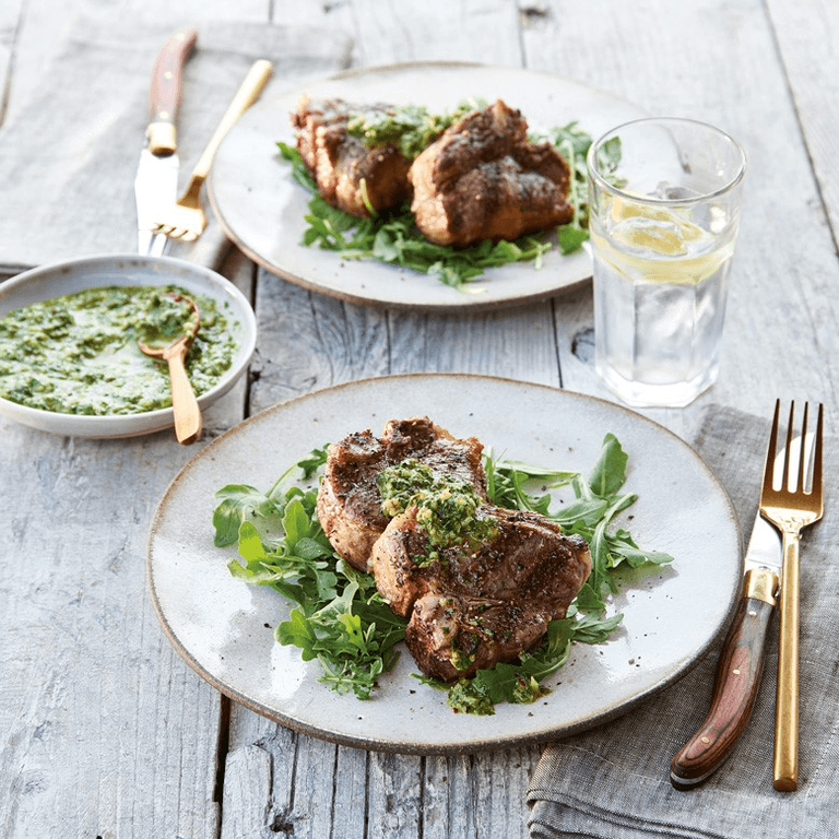 Delicious Weber style lamb loin chops with lemon-mint salsa verde Delicious Weber style lamb loin chops with lemon-mint salsa verde