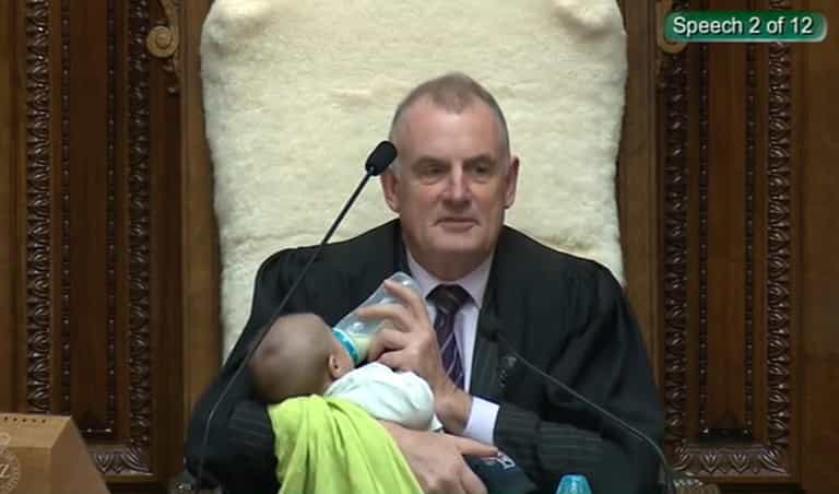 New Zealand speaker Trevor Mallard feeds colleague’s newborn baby during parliament debate New Zealand speaker Trevor Mallard feeds colleague’s newborn baby during parliament debate